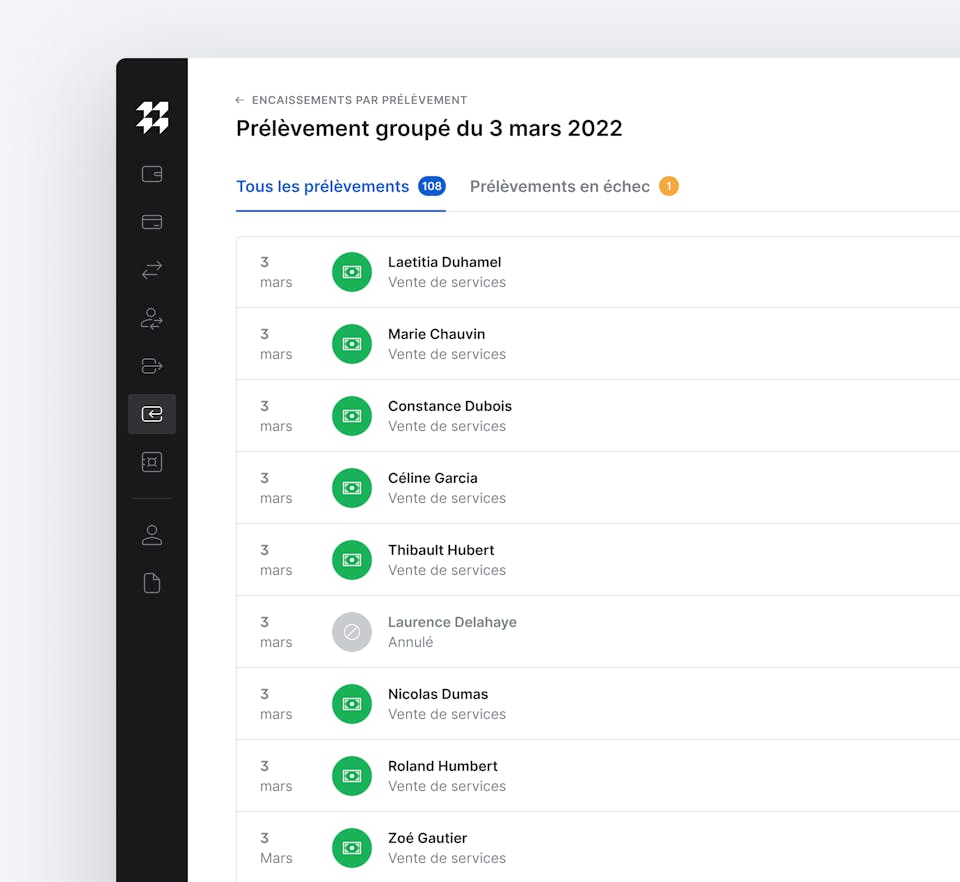 Détail d’un encaissement par prélèvement passé, réalisé avec succès.